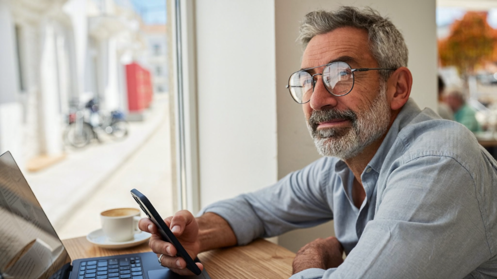 Hombre con lentes progresivas mirando por la ventana de una cafetería tras consultar el móvil, con un portátil sobre la mesa