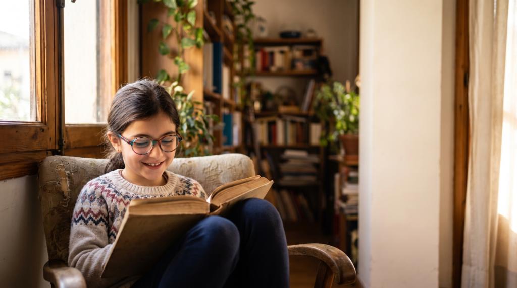 Niña con gafas graduadas leyendo junto a la ventana, control de miopía infantil con Stellest 2.0 en Manises
